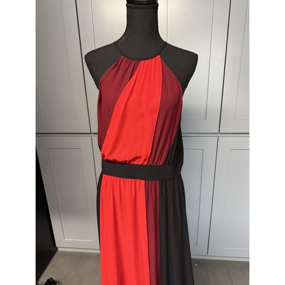 Eva Mendes Women Large Halter Maxi Dress Black Red Flowy Chiffon A-line - Picture 3 of 12